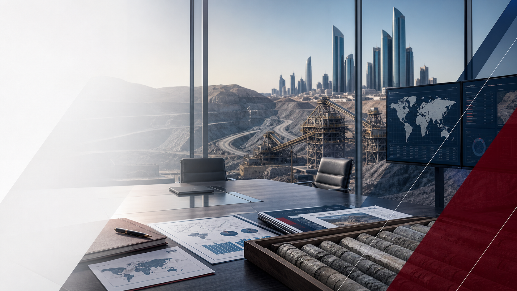 Boardroom data room overlooking mining infrastructure and a financial district